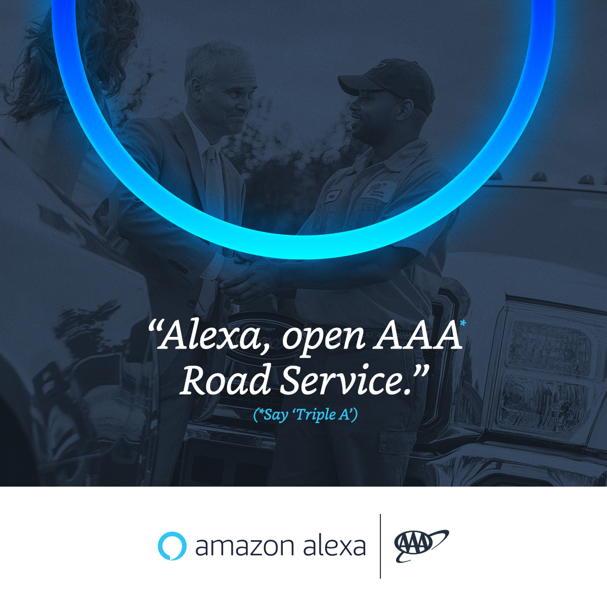 Graphic showing someone using AAA road service with Google Alexa 