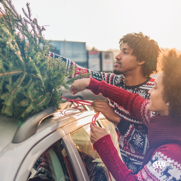 couple tying Christmas tree on car in holiday sweaters