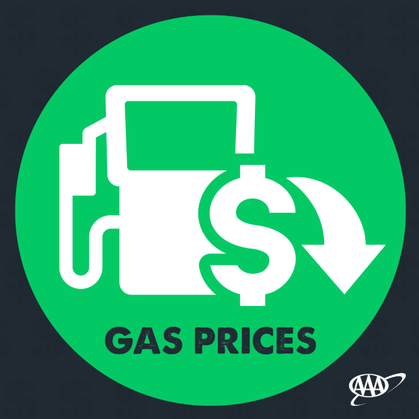 Graphic image of a gas pump with a dollar sign and arrow pointing down to signify gas prices dropping.