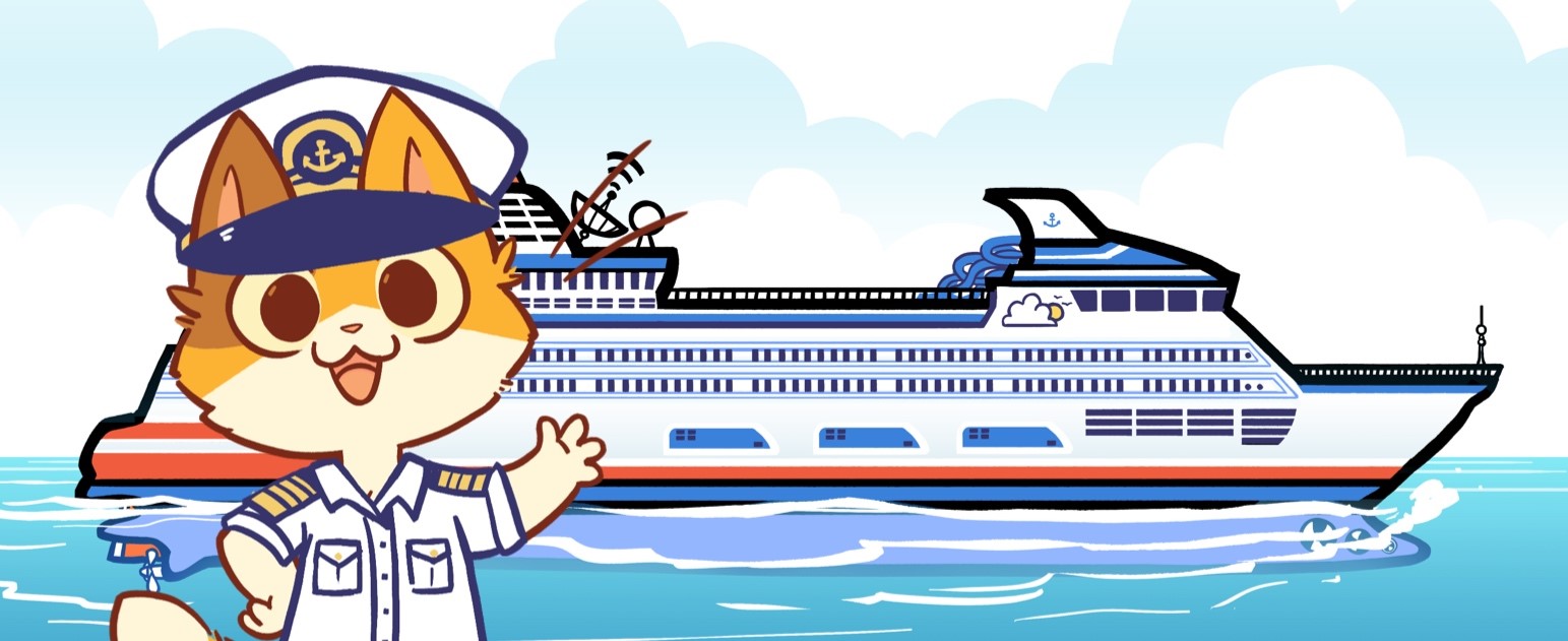 KeeKee in front of a cruise ship on the water
