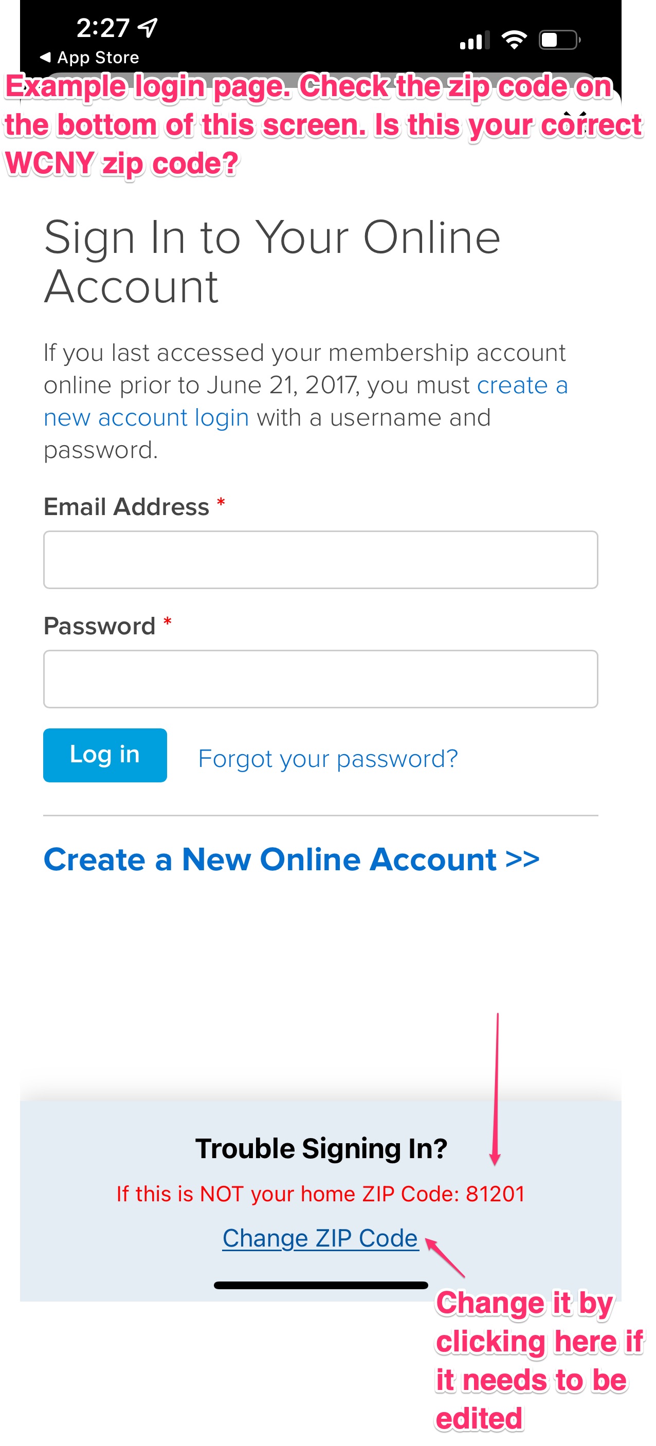 example login page showing the red zip code message on the bottom